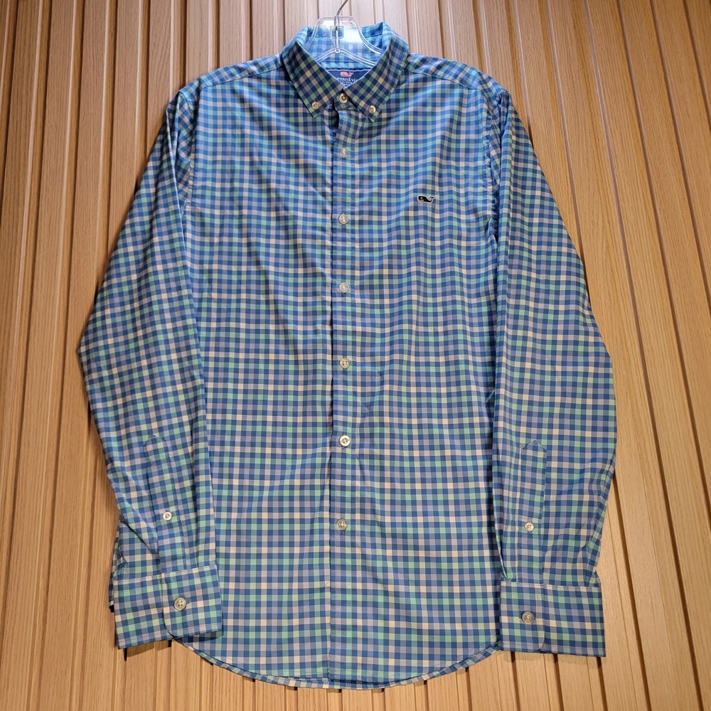 Vineyard Vines Slim Fit Whale Shirt Mens Small Blue Green Gingham Performance S